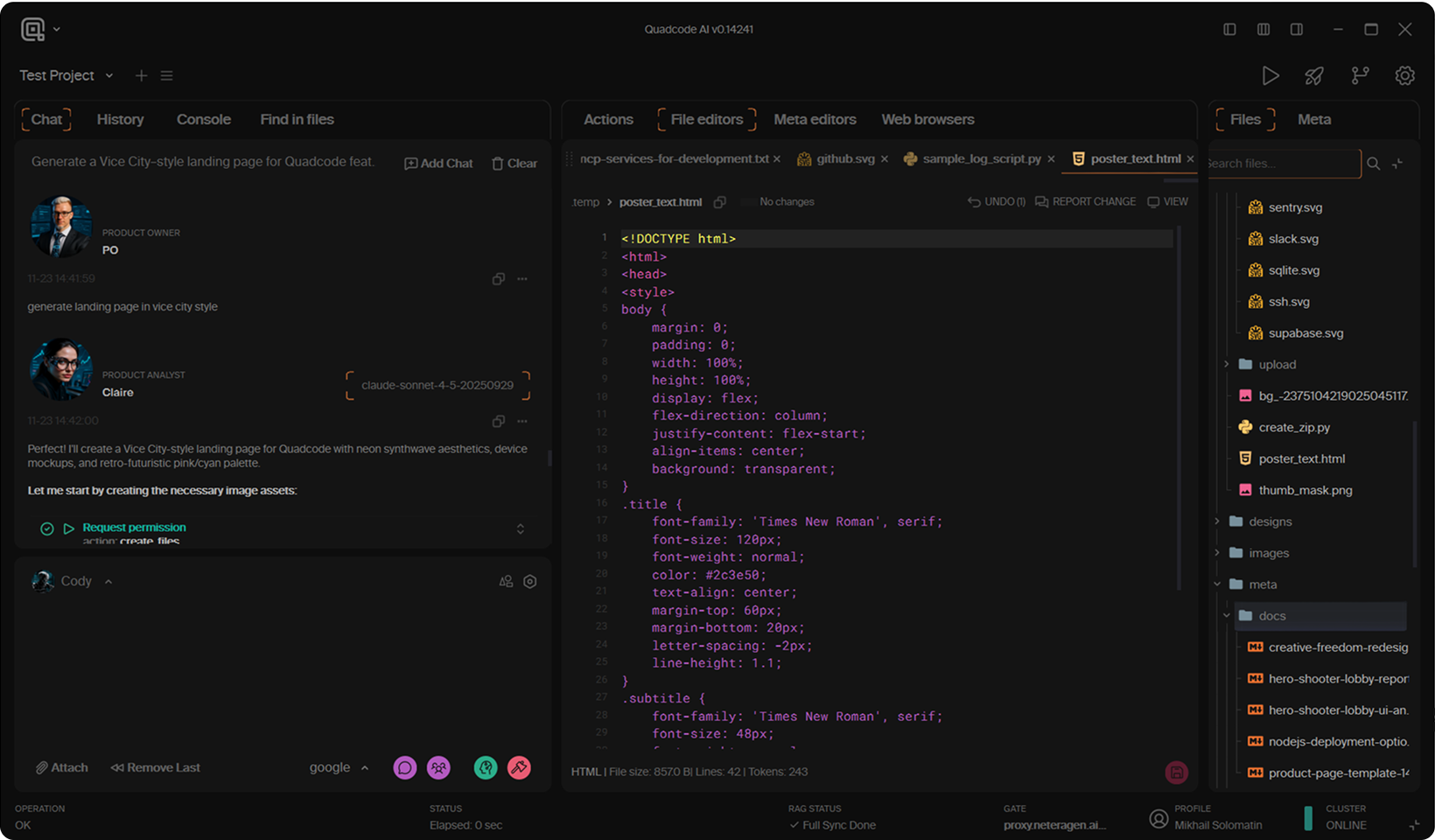 The Quadcode AI agentic workspace: specialized agents driving the editor, terminal and file panels