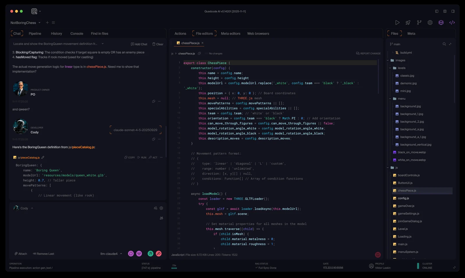 The Quadcode AI workspace with connected tools driving the editor and terminal